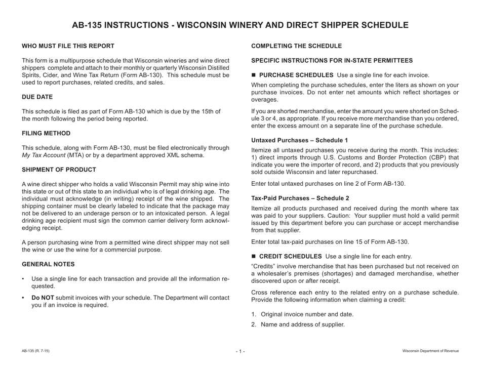 Form AB-135 Wisconsin Winery and Direct Shipper Schedule - Wisconsin, Page 1