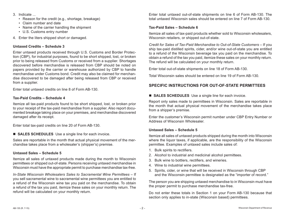 Form AB-135 Wisconsin Winery and Direct Shipper Schedule - Wisconsin, Page 2