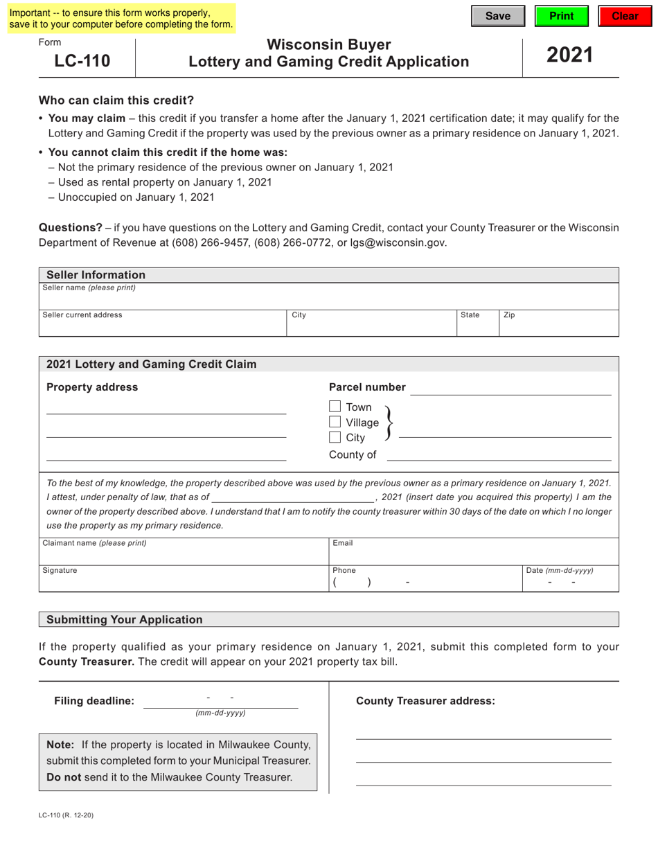 Form LC-110 Buyer Lottery and Gaming Credit Application - Wisconsin, Page 1
