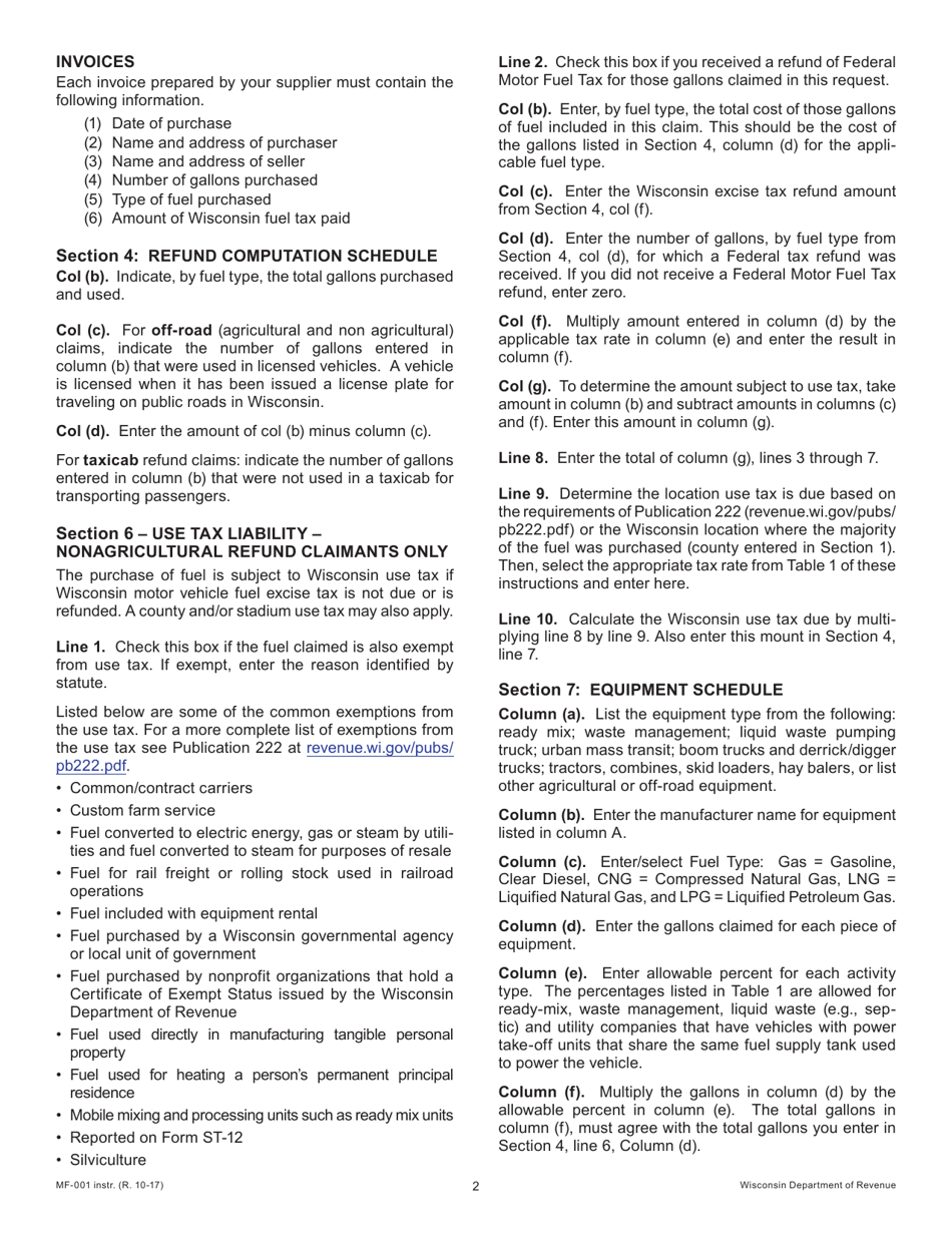 Instructions for Form MF-001 Fuel Tax Refund Claim - Wisconsin, Page 2