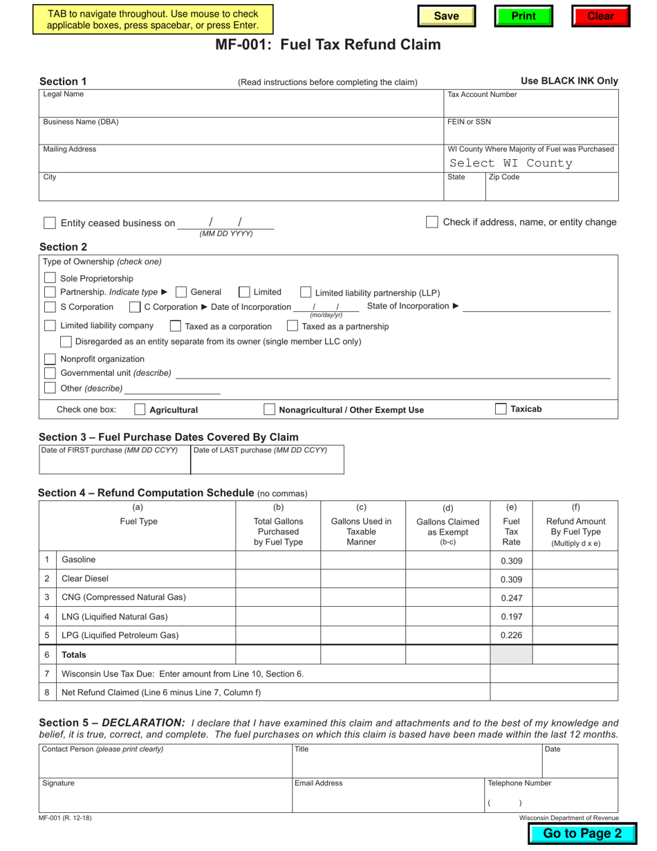 Form MF-001 Fuel Tax Refund Claim - Wisconsin, Page 1
