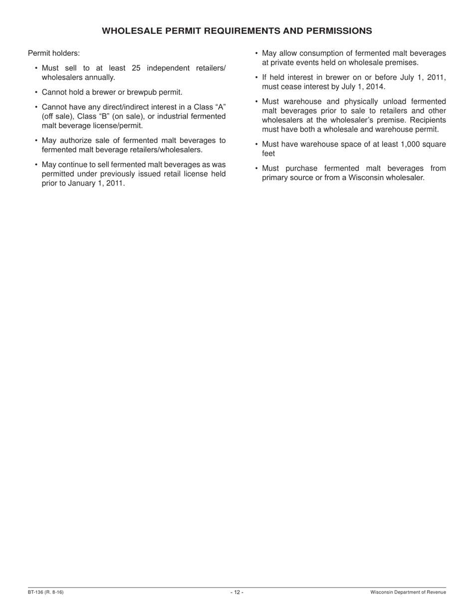 Form BT-136 Fermented Malt Beverages Permit Application - Wisconsin, Page 12