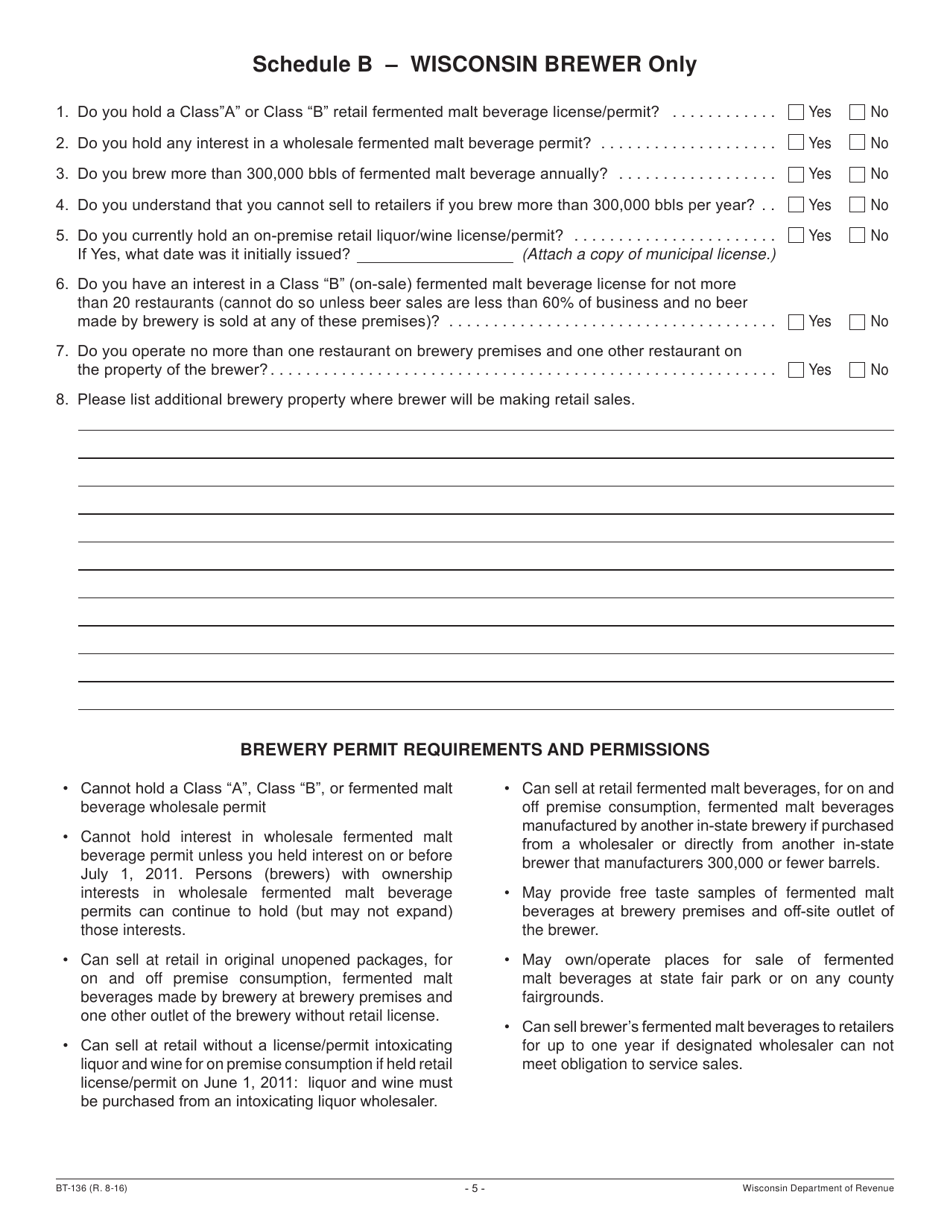 Form BT-136 Fermented Malt Beverages Permit Application - Wisconsin, Page 5