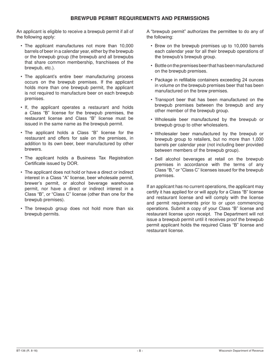 Form BT-136 Fermented Malt Beverages Permit Application - Wisconsin, Page 8