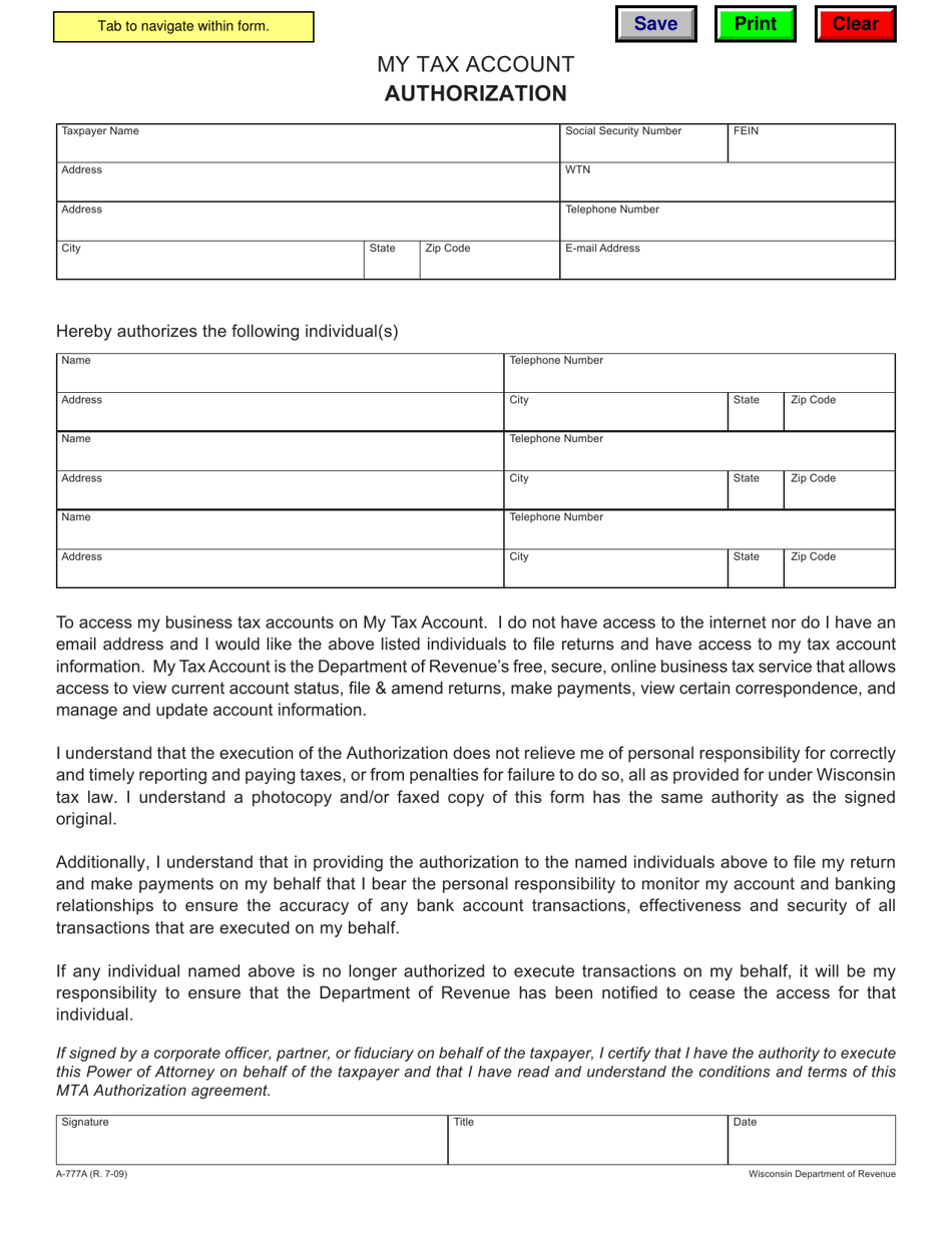 Form A-777A My Tax Account Authorization - Wisconsin, Page 1