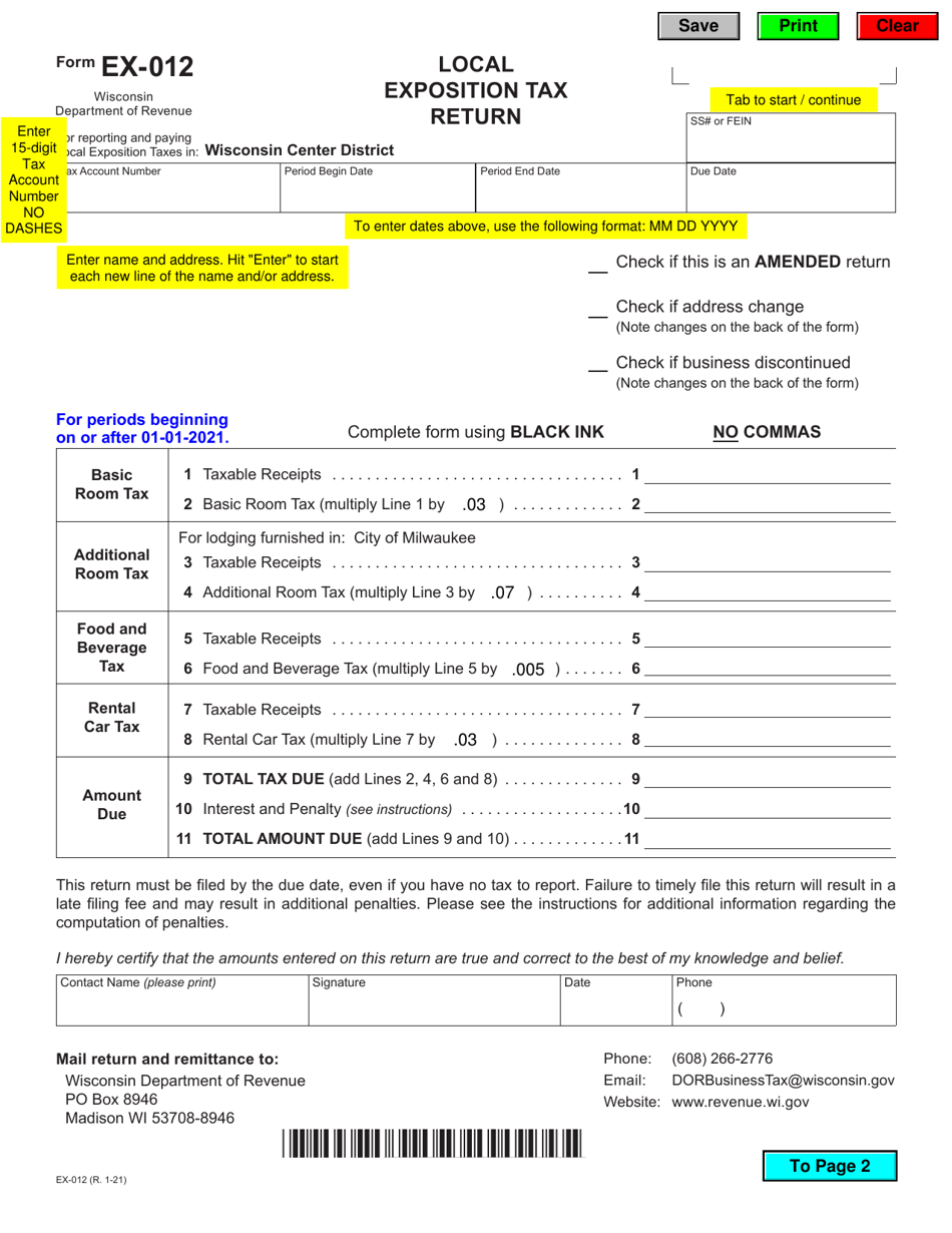Form EX-012 Local Exposition Tax Return - Wisconsin, Page 1