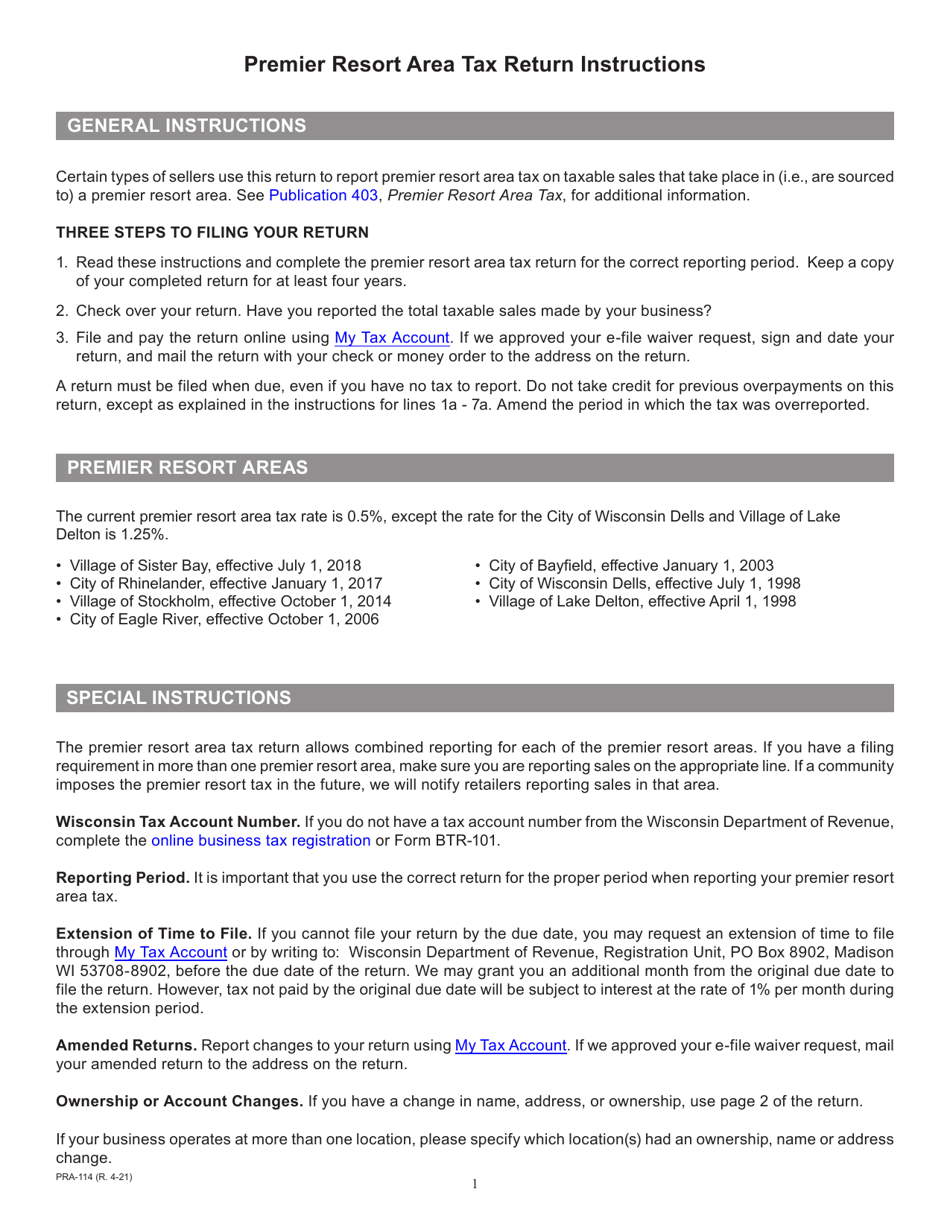 Instructions for Form PRA-012 Premier Resort Area Tax Return - Wisconsin, Page 1