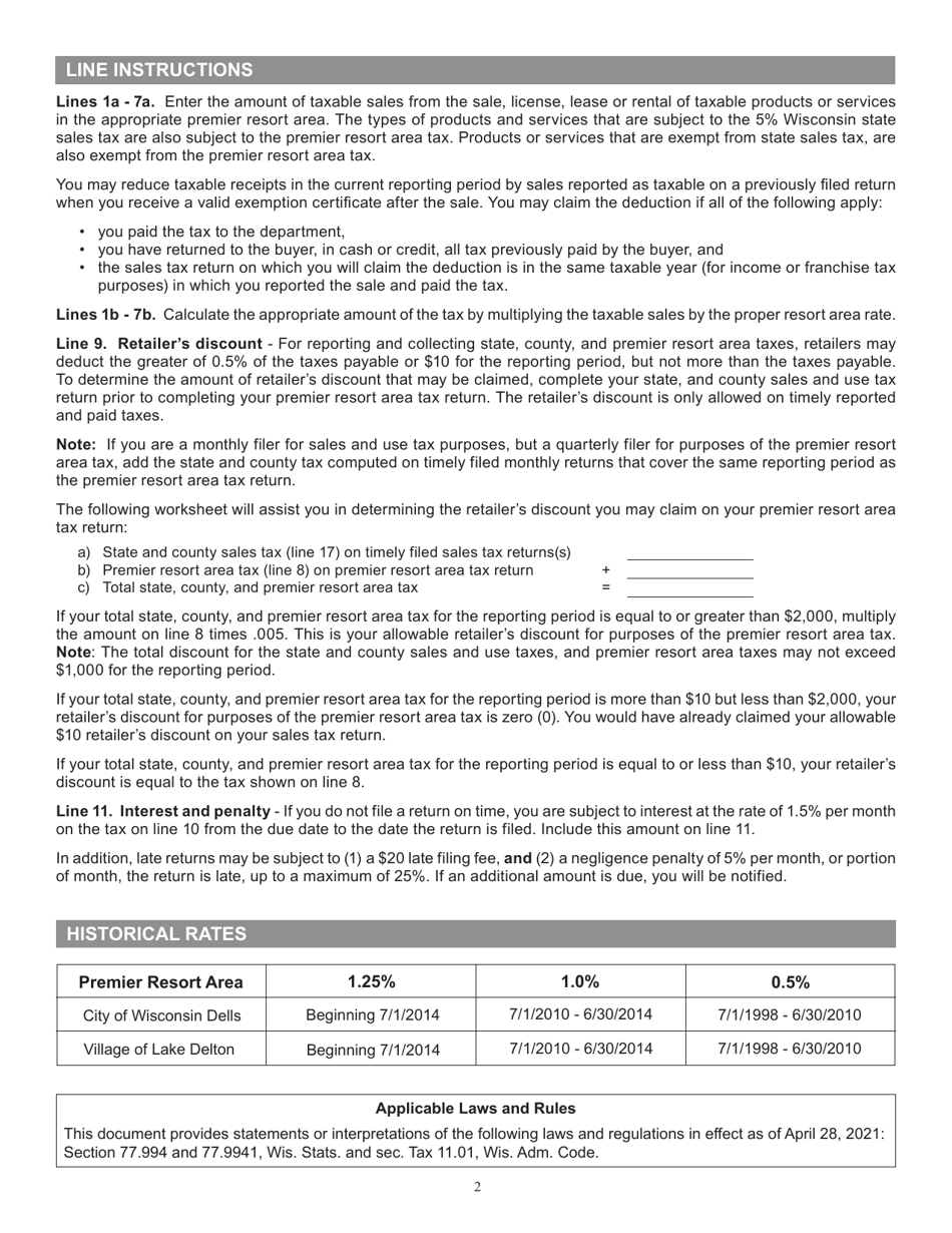 Instructions for Form PRA-012 Premier Resort Area Tax Return - Wisconsin, Page 2