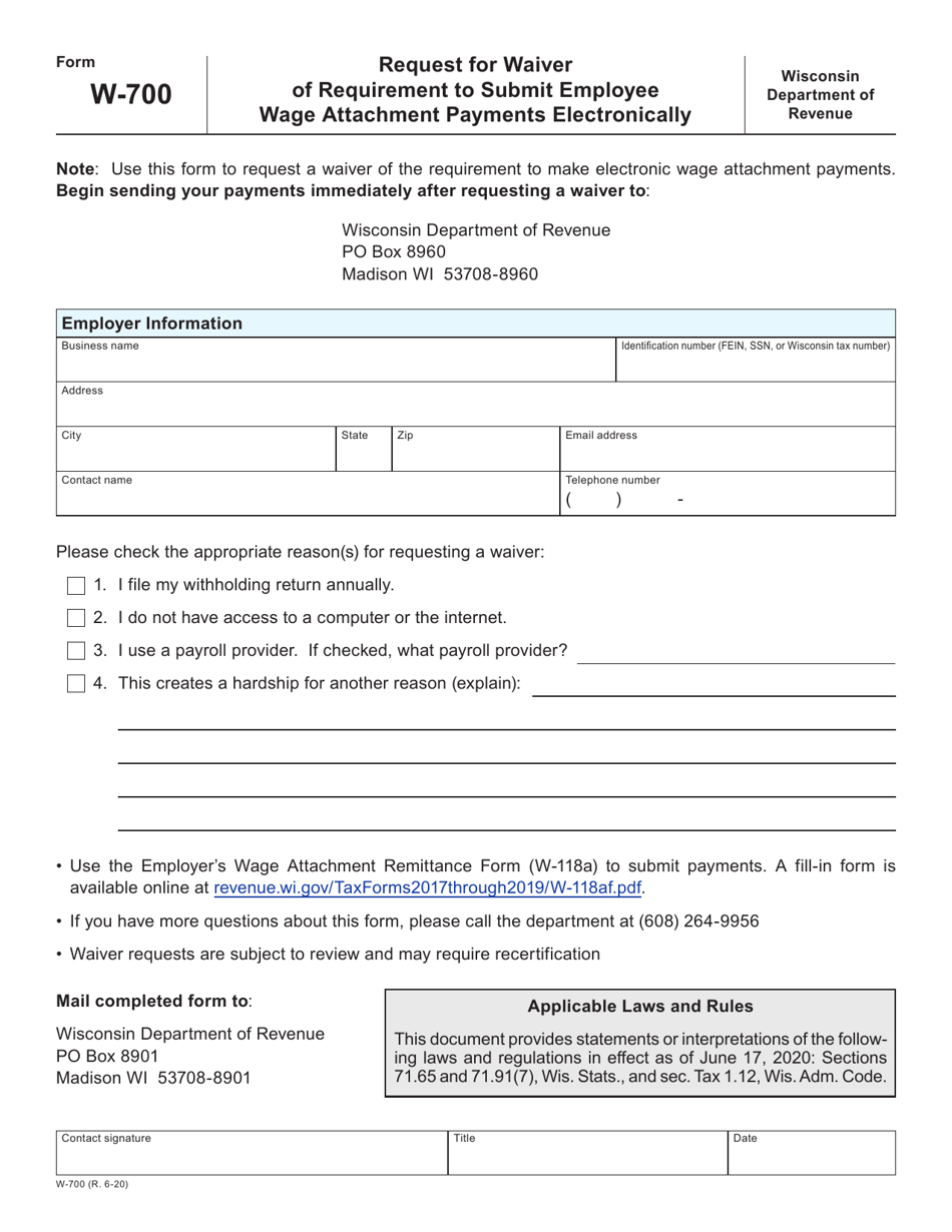 Form W-700 Request for Waiver of Requirement to Submit Employee Wage Attachment Payments Electronically - Wisconsin, Page 1