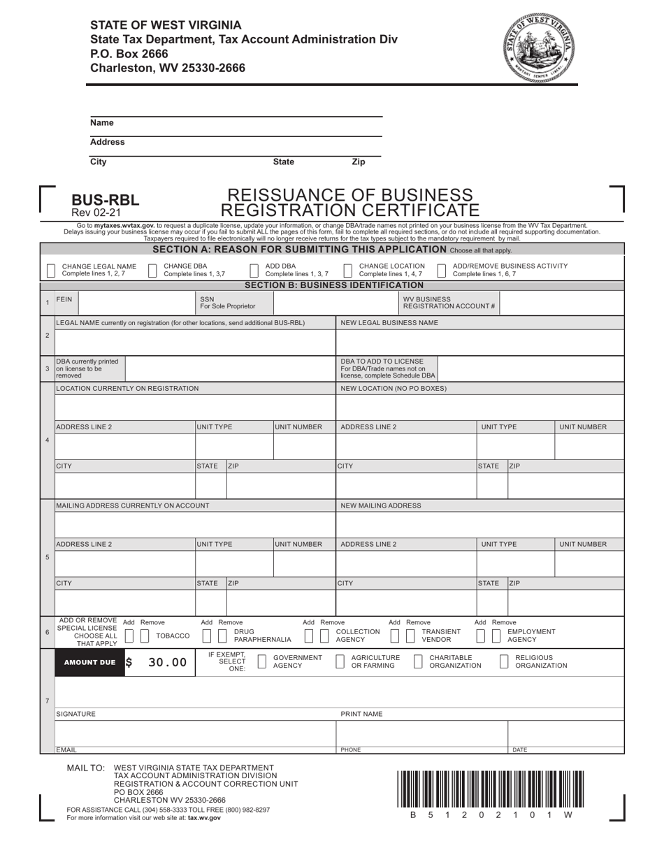 Form BUS-RBL Reissuance of Business Registration Certificate - West Virginia, Page 1