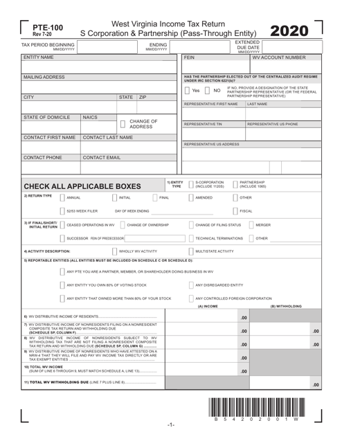 Form PTE-100 2020 Printable Pdf