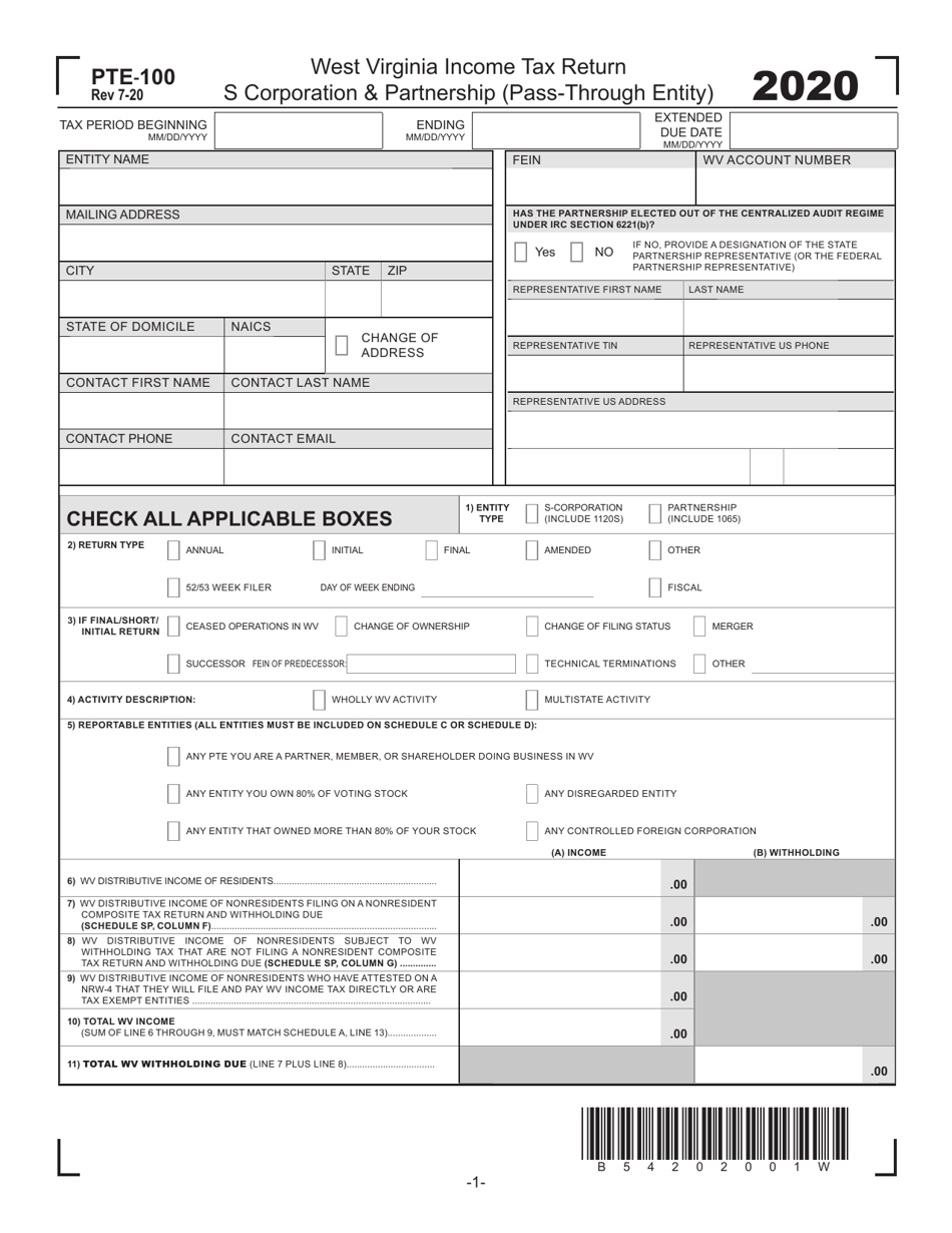 Form PTE-100 West Virginia Income Tax Return S Corporation  Partnership (Pass-Through Entity) - West Virginia, Page 1