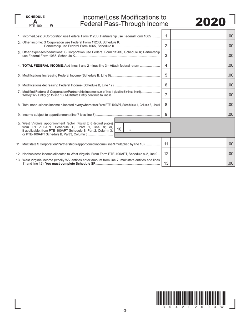 Form PTE-100 Schedule A Income / Loss Modifications to Federal Pass-Through Income - West Virginia, Page 1
