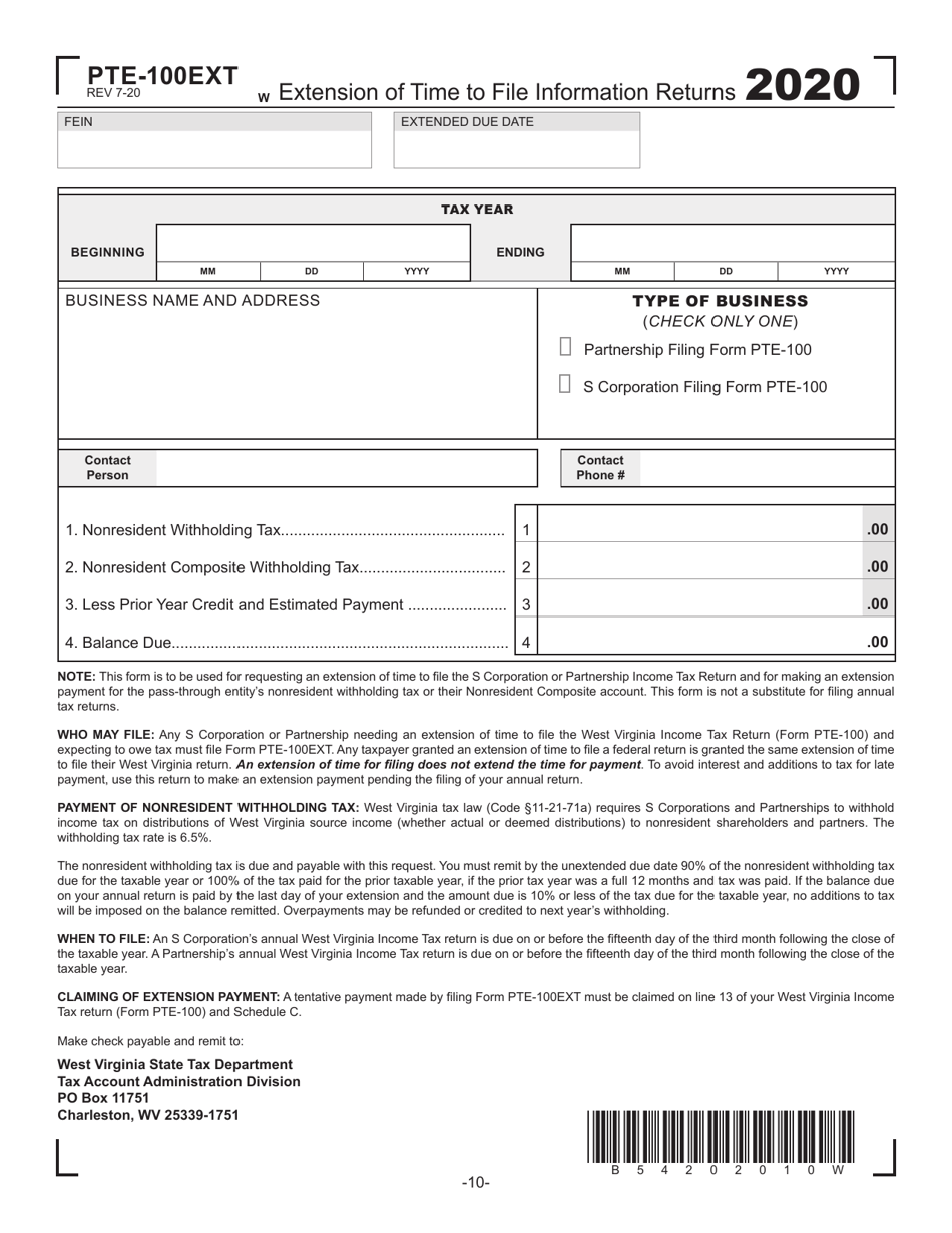 Form PTE-100EXT Extension of Time to File Information Returns - West Virginia, Page 1