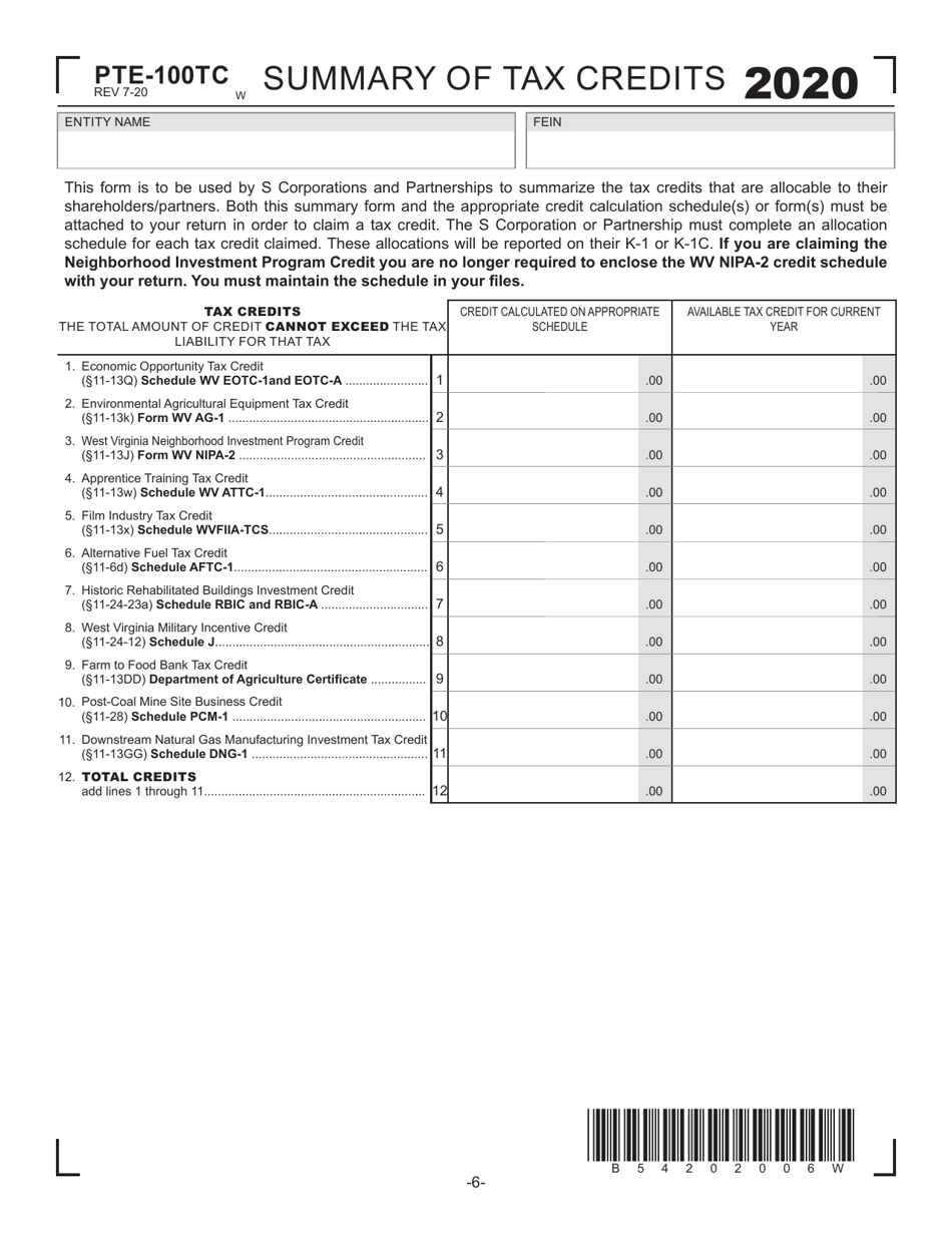 Form PTE-100TC Summary of Tax Credits - West Virginia, Page 1