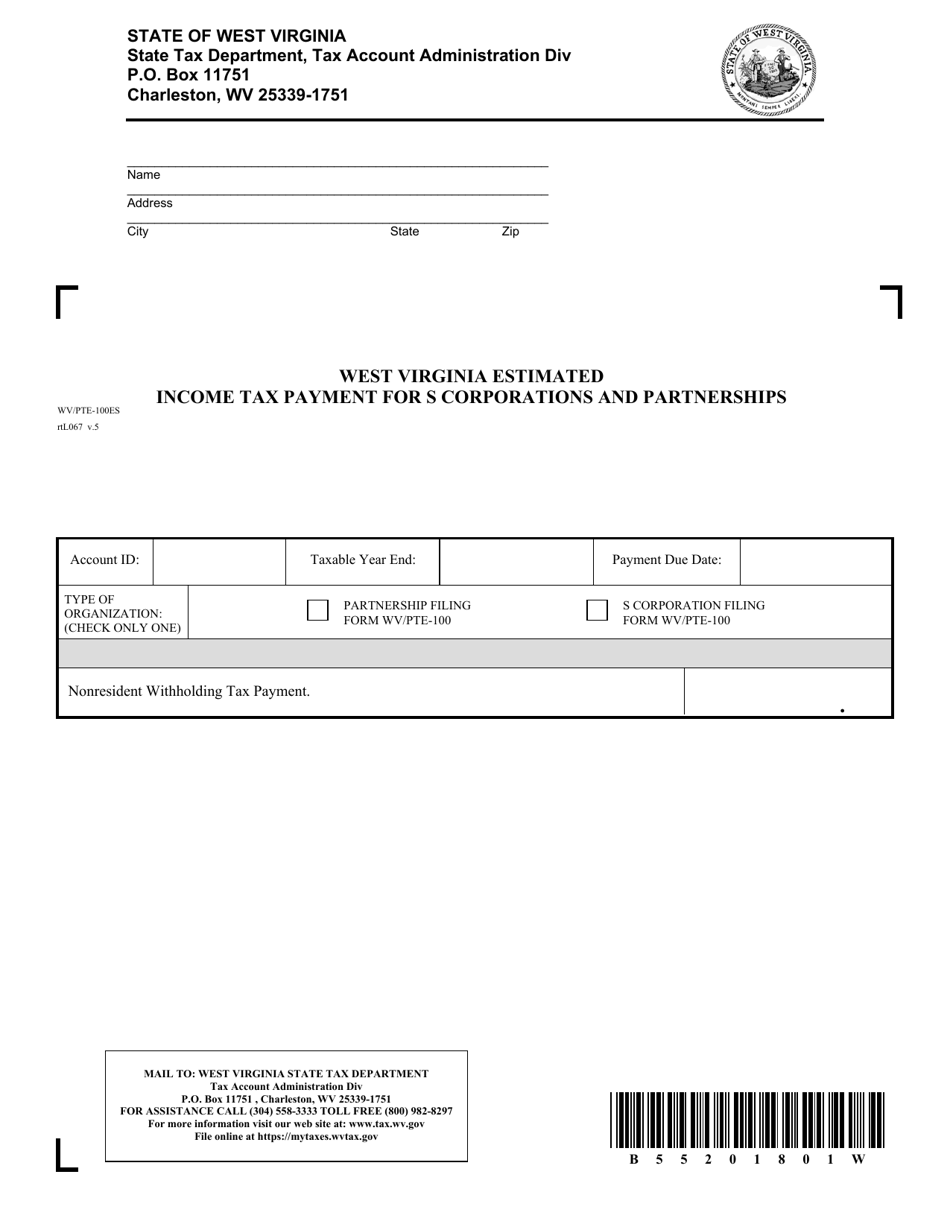 Form PTE-100ES West Virginia Estimated Income Tax Payment for S Corporations and Partnerships - West Virginia, Page 1