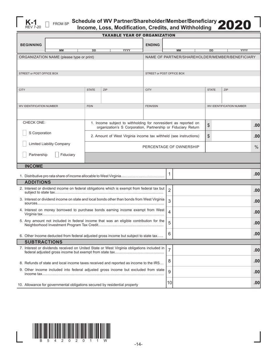 Schedule K-1 Schedule of Wv Partner / Shareholder / Member / Beneficiary Income, Loss, Modification, Credits, and Withholding - West Virginia, Page 1