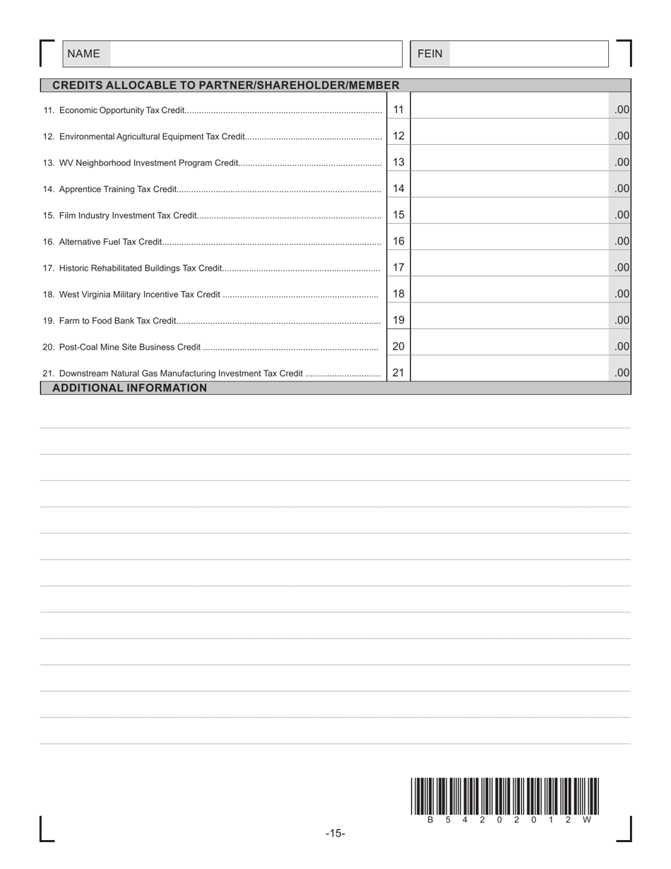 Schedule K-1 Schedule of Wv Partner / Shareholder / Member / Beneficiary Income, Loss, Modification, Credits, and Withholding - West Virginia, Page 2