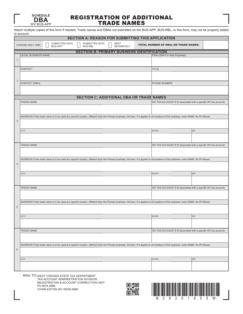 Form BUS-APP Schedule DBA Registration of Additional Trade Names - West Virginia, Page 1