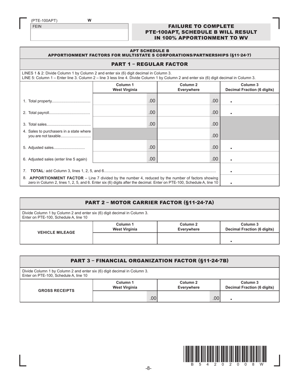 Form PTE-100APT Schedule B Apportionment Factors for Multistate S Corporations / Partnerships - West Virginia, Page 1