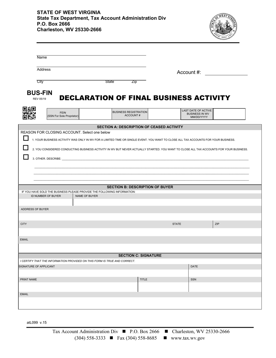 Form BUS-FIN Declaration of Final Business Activity - West Virginia, Page 1