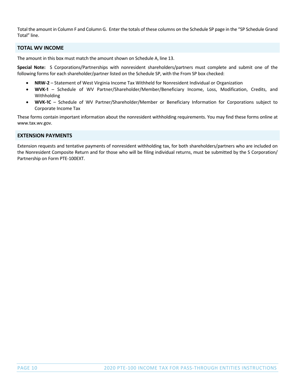 Instructions for Form PTE-100, SPF-100TC, PTE-100APT, NRW-2 - West Virginia, Page 10