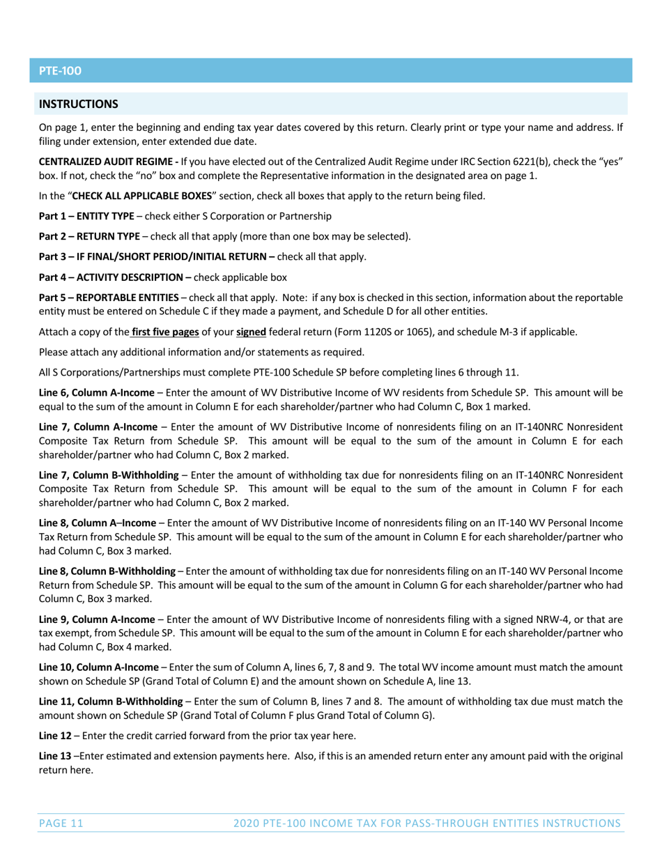 Instructions for Form PTE-100, SPF-100TC, PTE-100APT, NRW-2 - West Virginia, Page 11