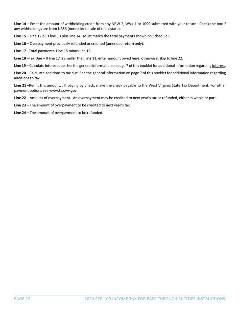 Instructions for Form PTE-100, SPF-100TC, PTE-100APT, NRW-2 - West Virginia, Page 12