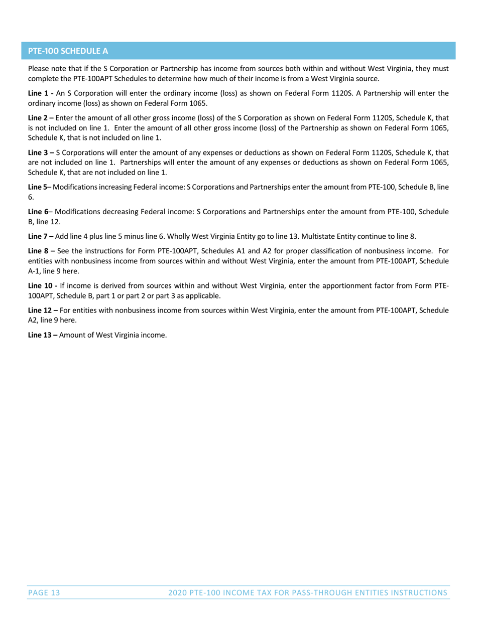 Instructions for Form PTE-100, SPF-100TC, PTE-100APT, NRW-2 - West Virginia, Page 13