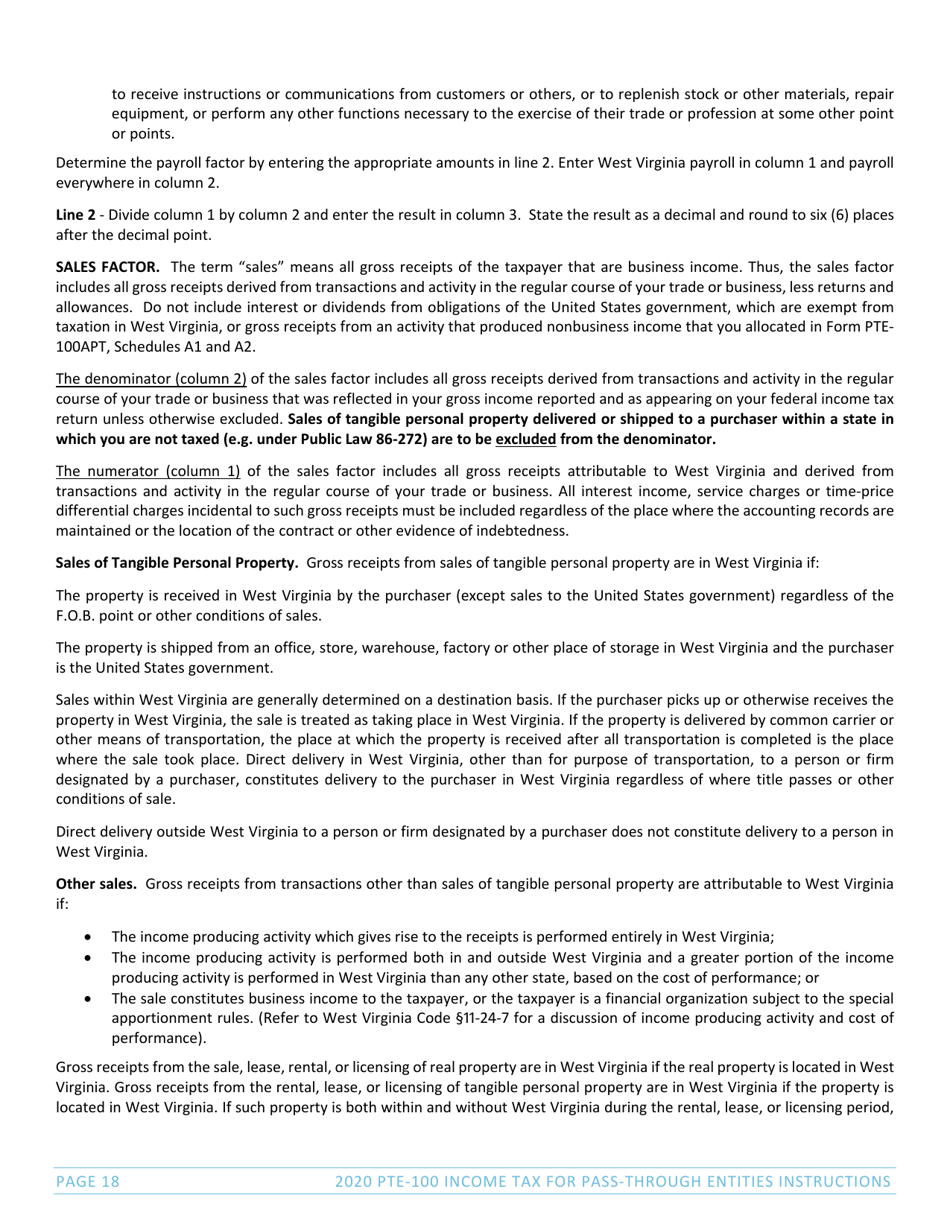 Instructions for Form PTE-100, SPF-100TC, PTE-100APT, NRW-2 - West Virginia, Page 18