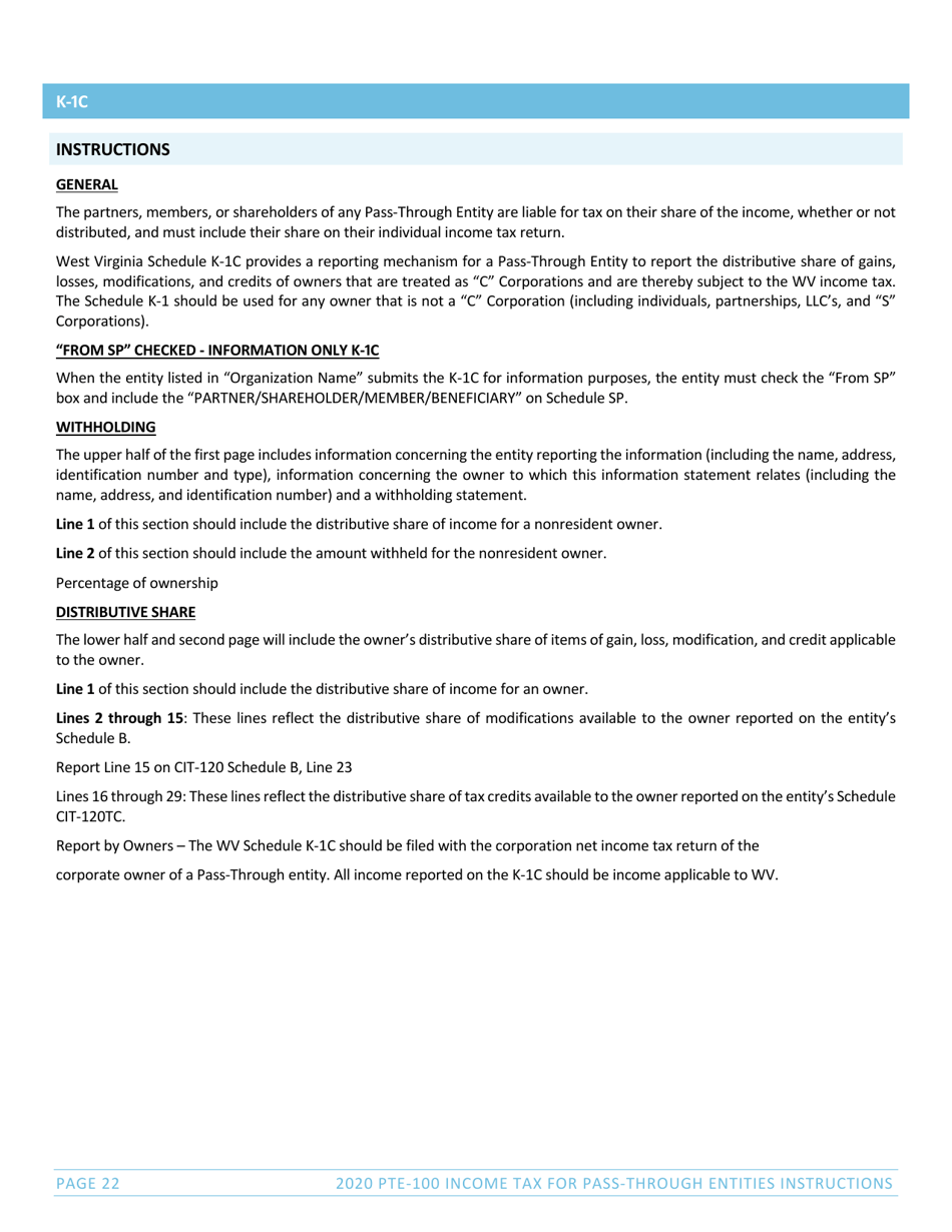 Instructions for Form PTE-100, SPF-100TC, PTE-100APT, NRW-2 - West Virginia, Page 22
