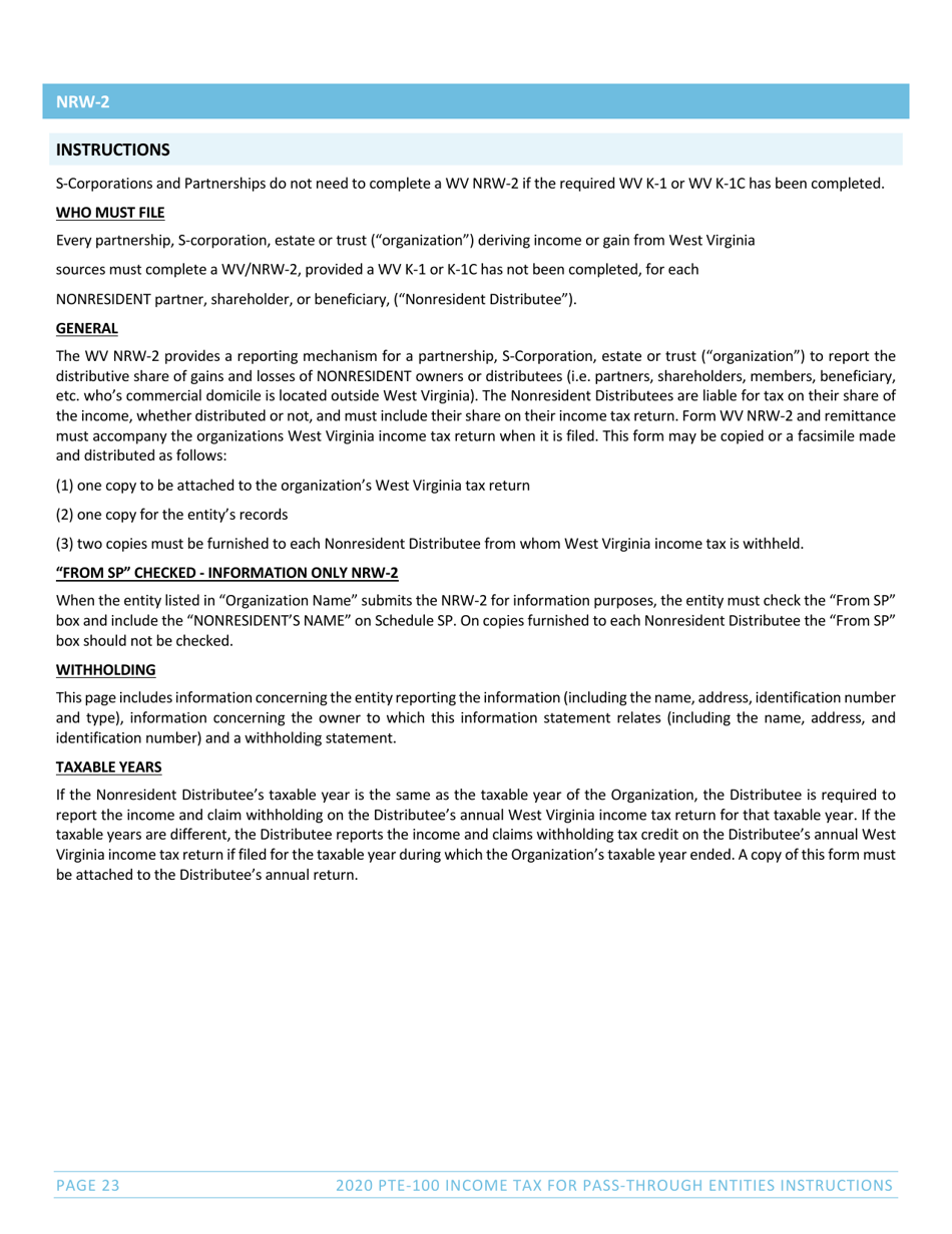 Instructions for Form PTE-100, SPF-100TC, PTE-100APT, NRW-2 - West Virginia, Page 23