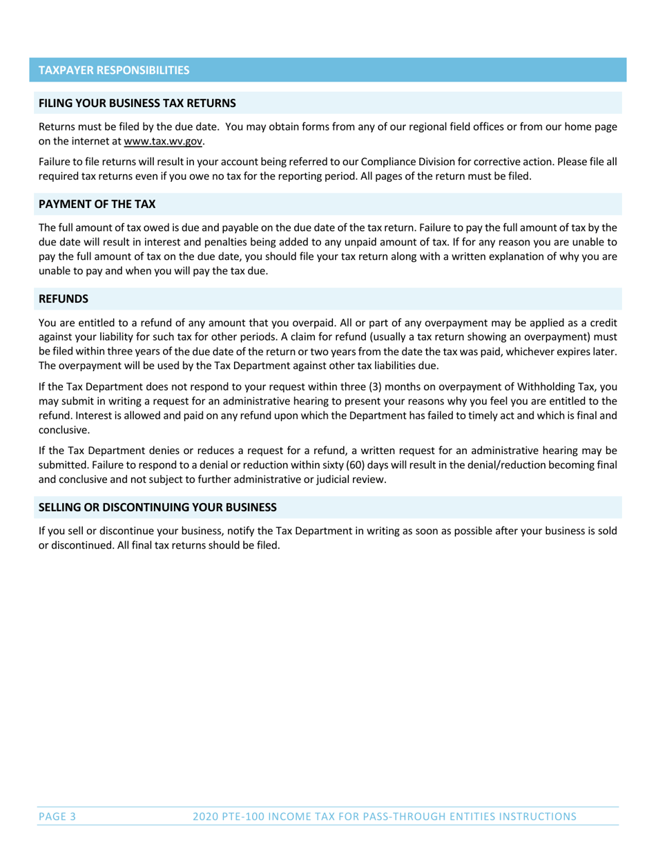 Instructions for Form PTE-100, SPF-100TC, PTE-100APT, NRW-2 - West Virginia, Page 3
