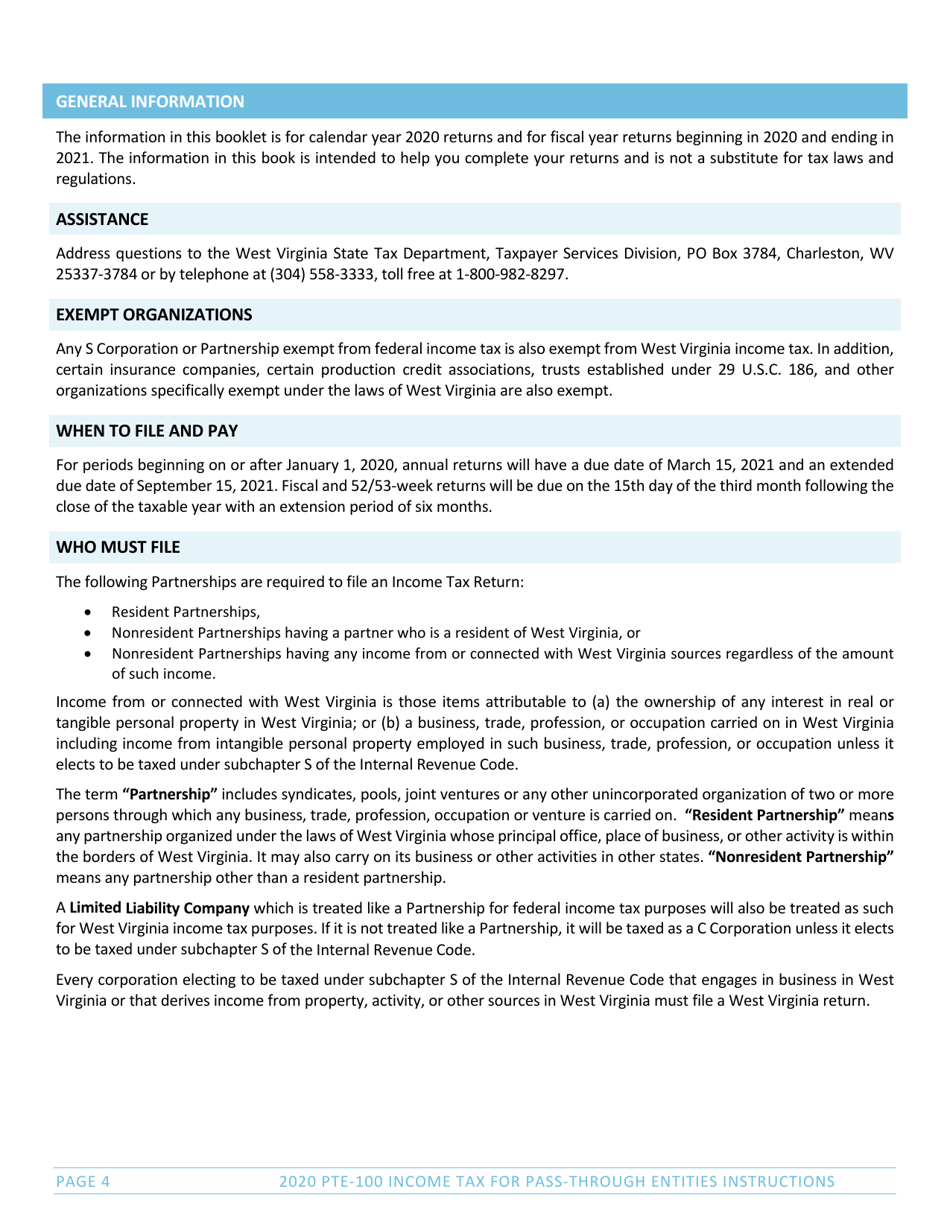 Instructions for Form PTE-100, SPF-100TC, PTE-100APT, NRW-2 - West Virginia, Page 4
