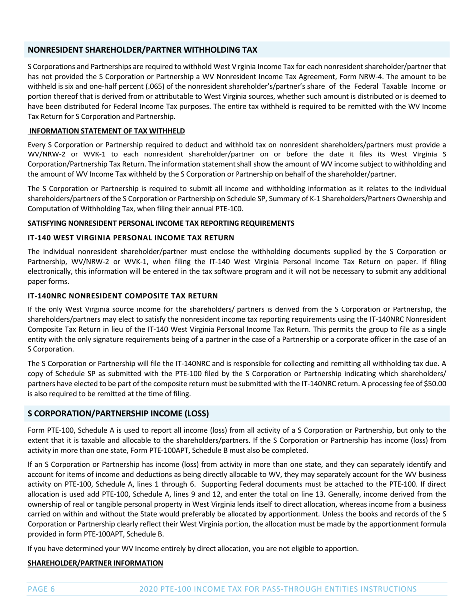 Instructions for Form PTE-100, SPF-100TC, PTE-100APT, NRW-2 - West Virginia, Page 6