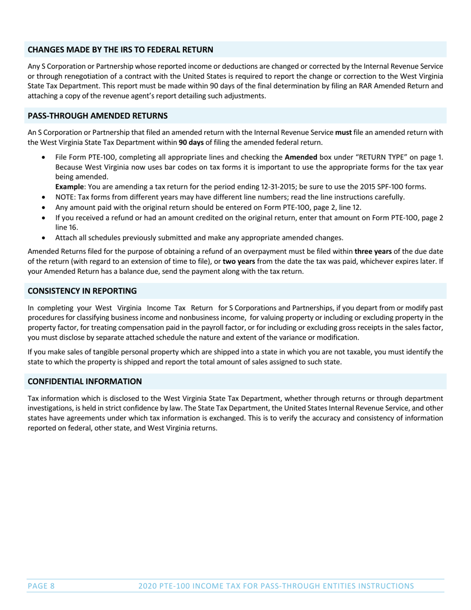 Instructions for Form PTE-100, SPF-100TC, PTE-100APT, NRW-2 - West Virginia, Page 8