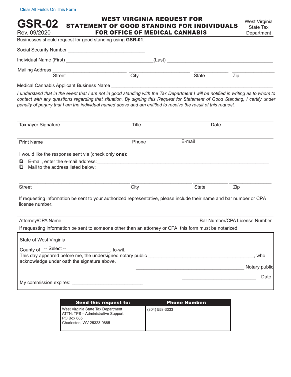 Form GSR-02 West Virginia Request for Statement of Good Standing for Individuals for Office of Medical Cannabis - West Virginia, Page 1