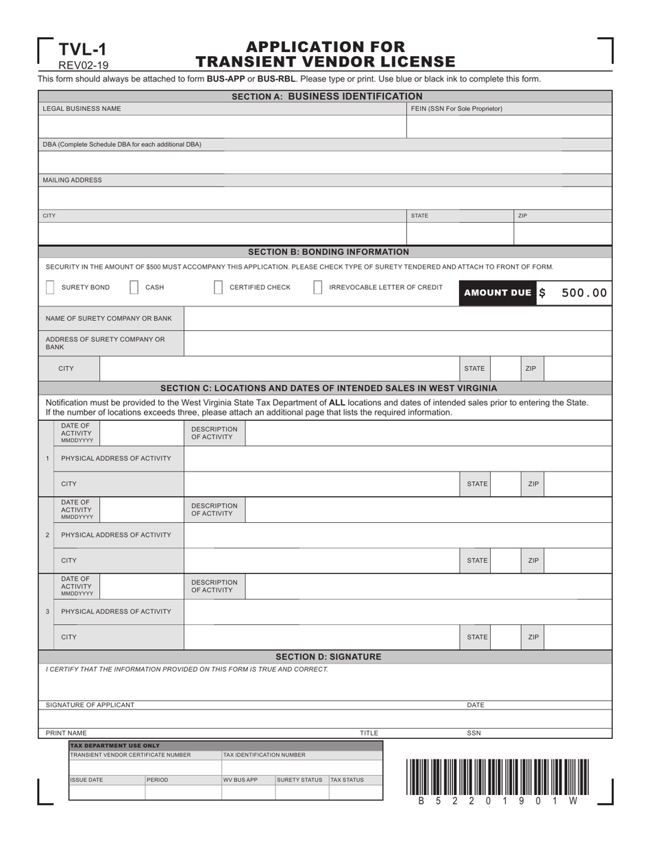 Form TVL-1 Application for Transient Vendor License - West Virginia, Page 1