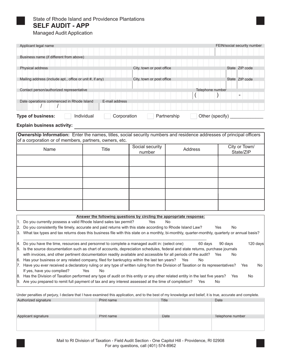 Self-audit - Application Form - Rhode Island, Page 1