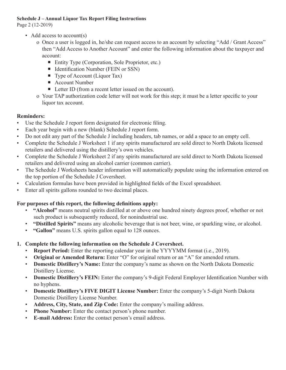 Instructions for Schedule J Annual Domestic Distillery Manufacturer Report - North Dakota, Page 2