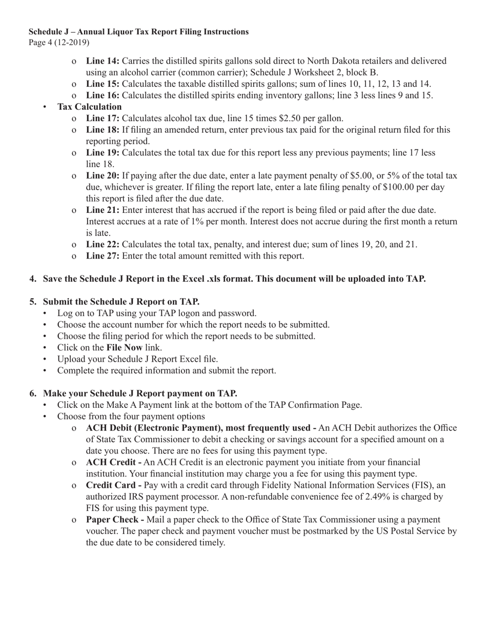Instructions for Schedule J Annual Domestic Distillery Manufacturer Report - North Dakota, Page 4