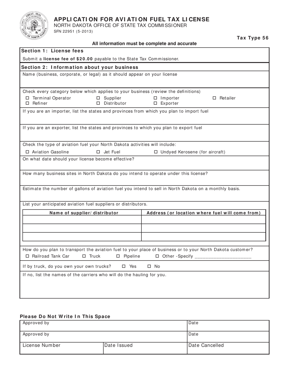 Form SFN22951 Application for Aviation Fuel Tax License - North Dakota, Page 1
