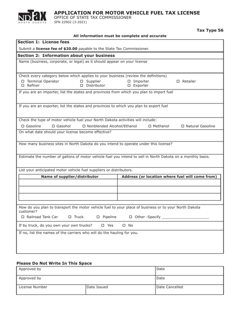 Form SFN22902 Application for Motor Vehicle Fuel Tax License - North Dakota