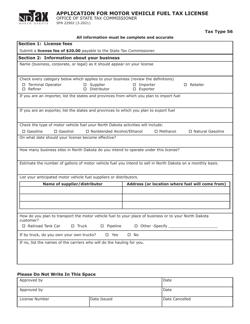 Form SFN22902 Application for Motor Vehicle Fuel Tax License - North Dakota, Page 1