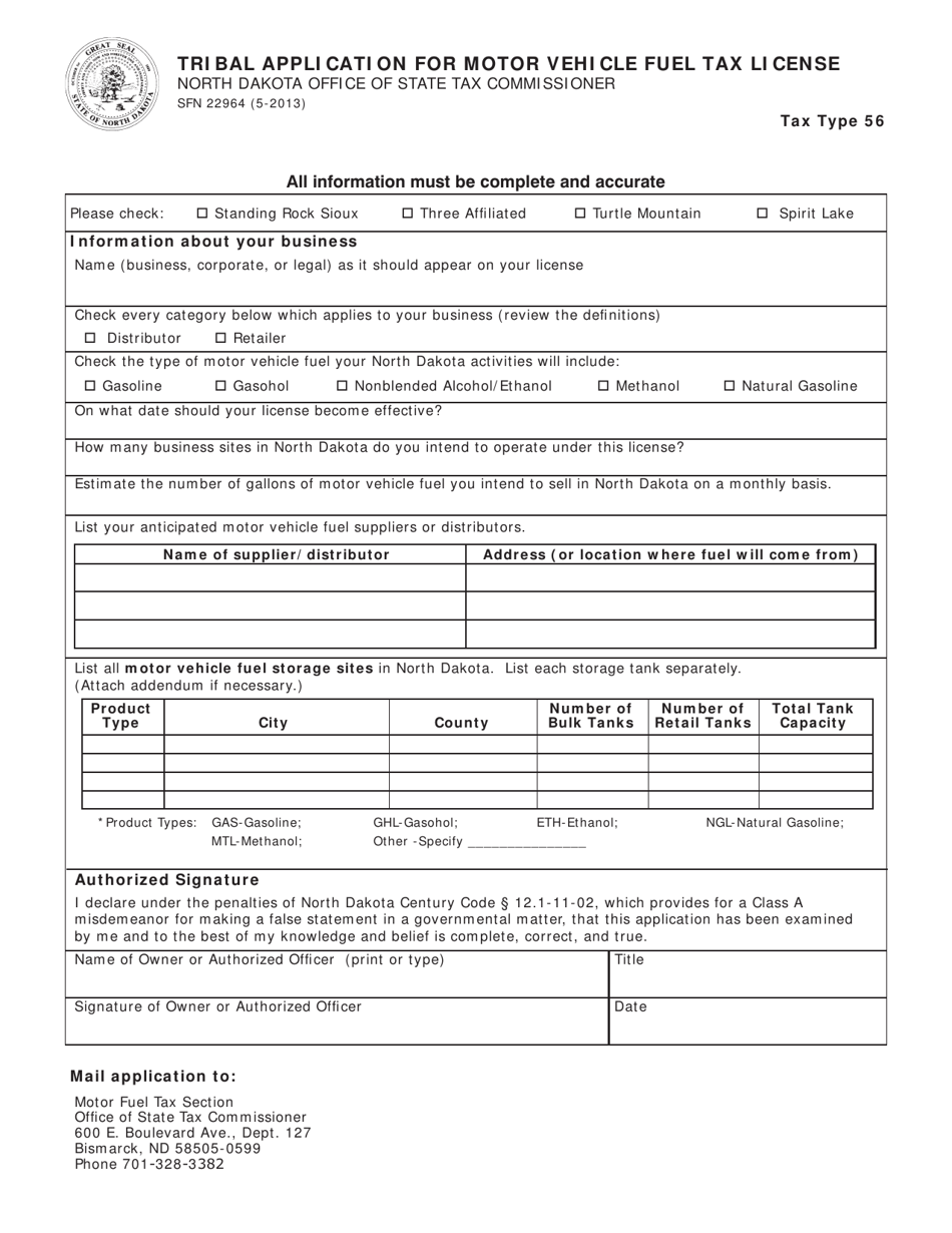 Form SFN22964 Tribal Application for Motor Vehicle Fuel Tax License - North Dakota, Page 1