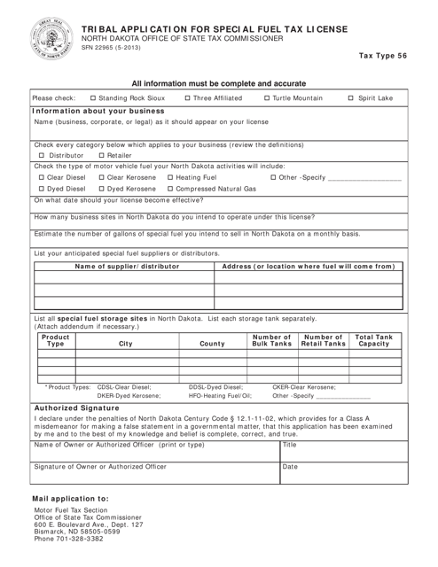Form SFN22965 Tribal Application for Special Fuel Tax License - North Dakota