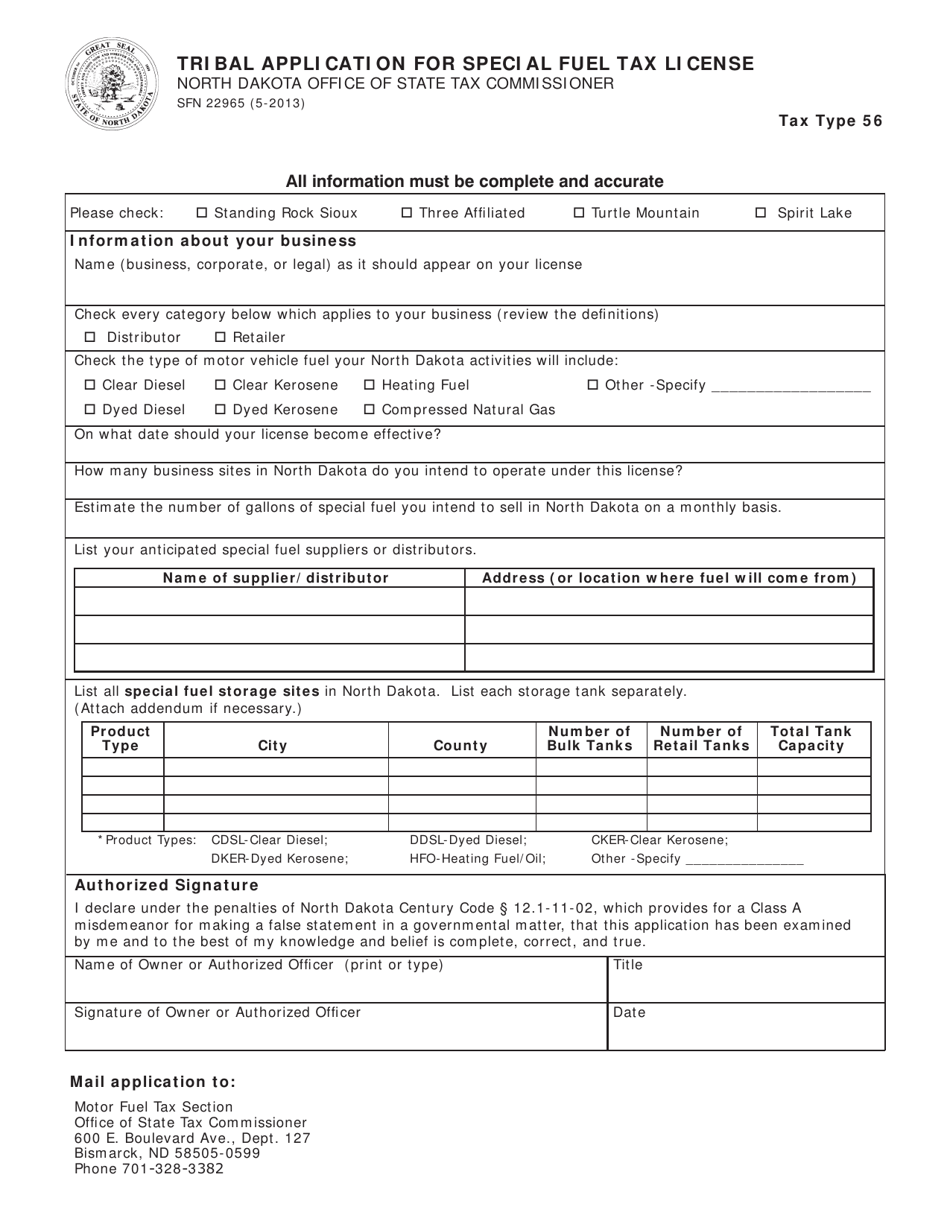 Form SFN22965 Tribal Application for Special Fuel Tax License - North Dakota, Page 1