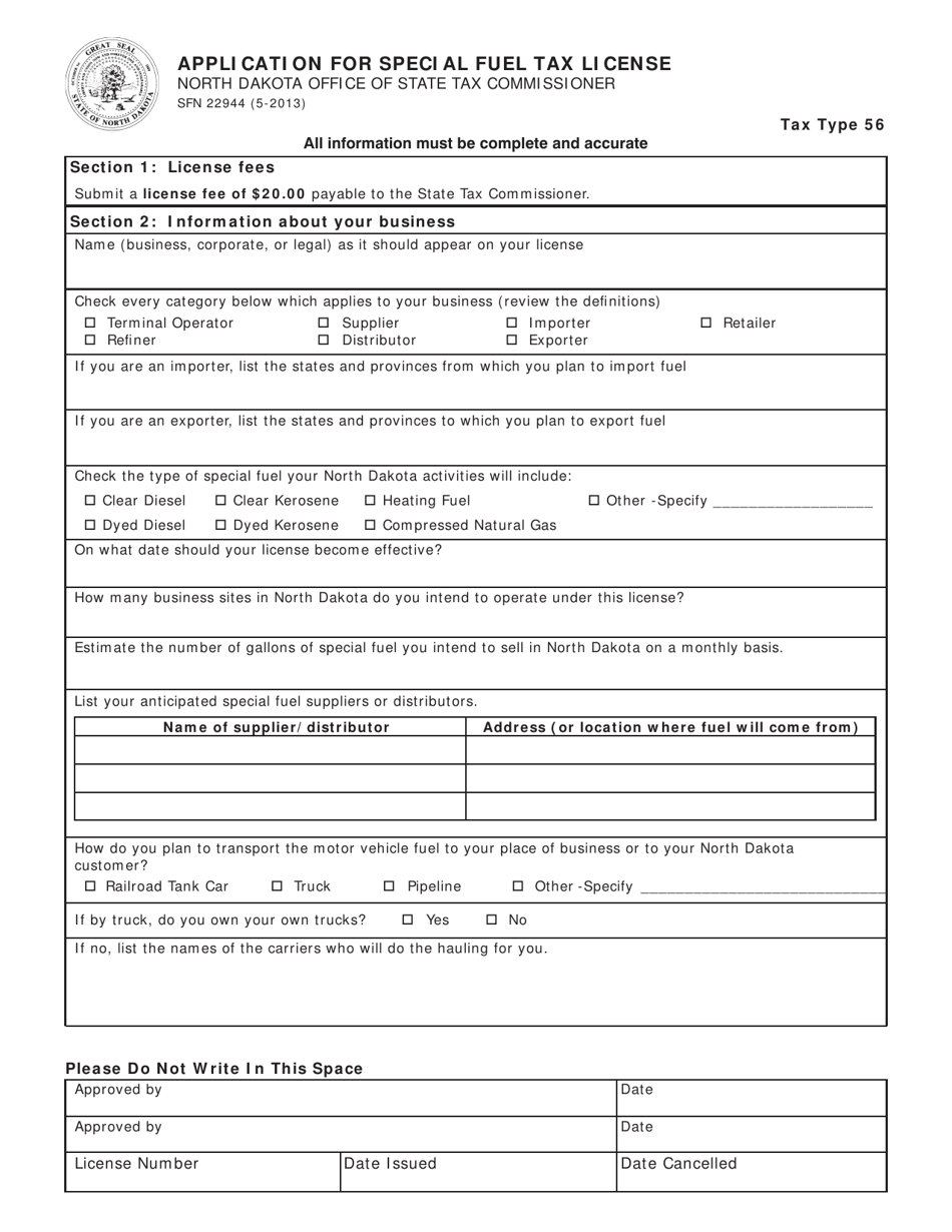 Form SFN22944 Application for Special Fuel Tax License - North Dakota, Page 1