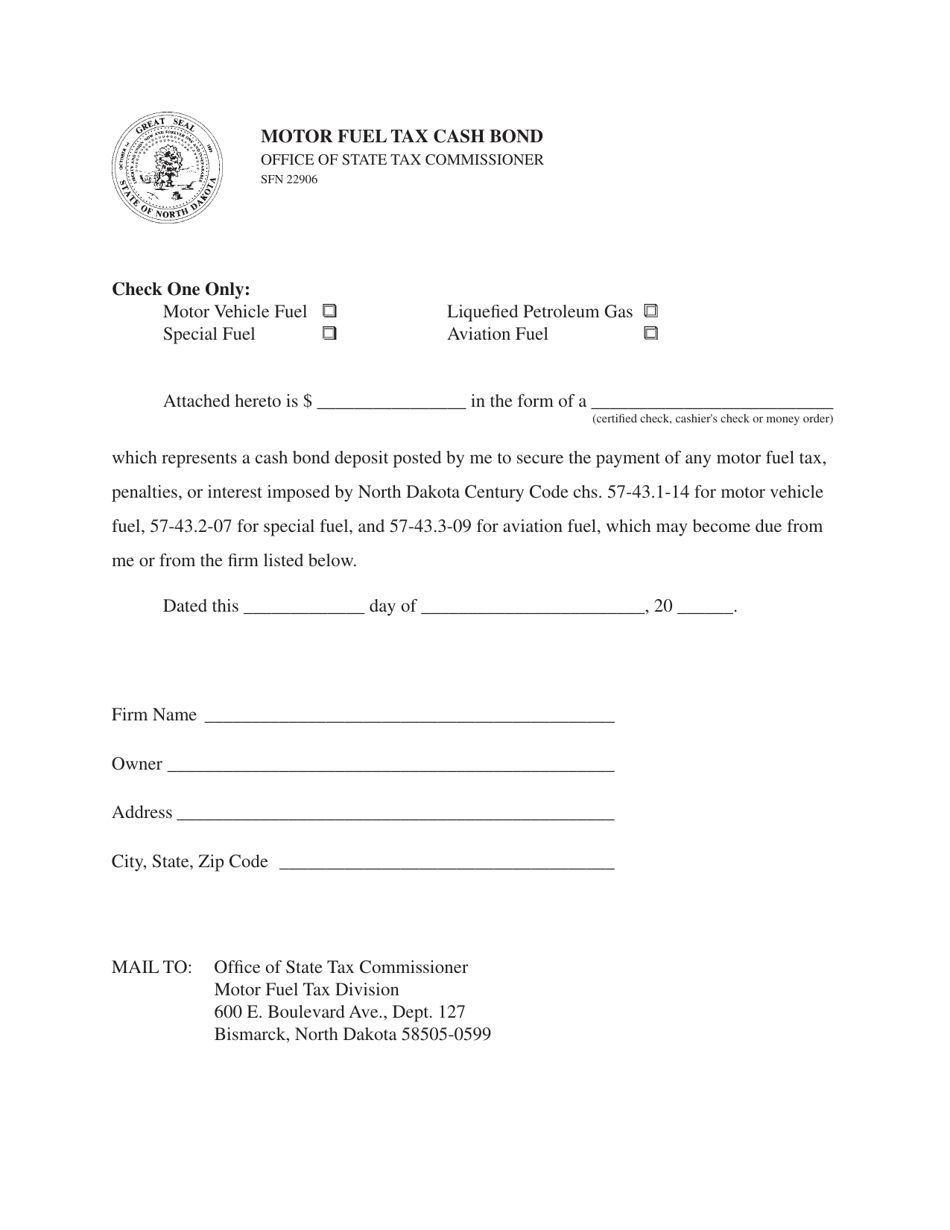 Form SFN22906 Motor Fuel Tax Cash Bond - North Dakota, Page 1