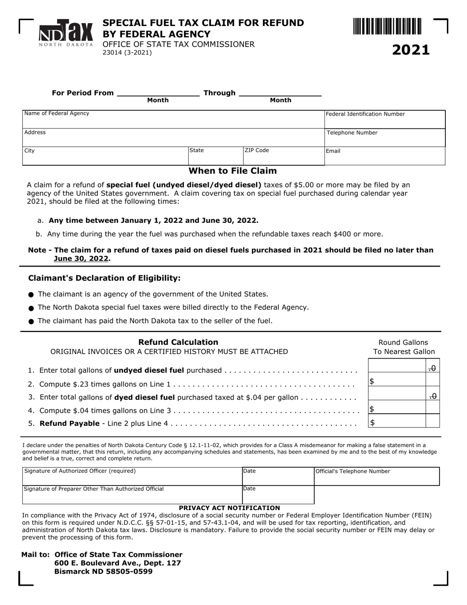 Form SFN23014 Special Fuel Tax Claim for Refund by Federal Agency - North Dakota, Page 1